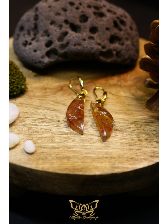 Boucles d'oreilles artisanales larmes en calcédoine chrysocolle et cuivre natif - Accroches en laiton plaqué or 18K
