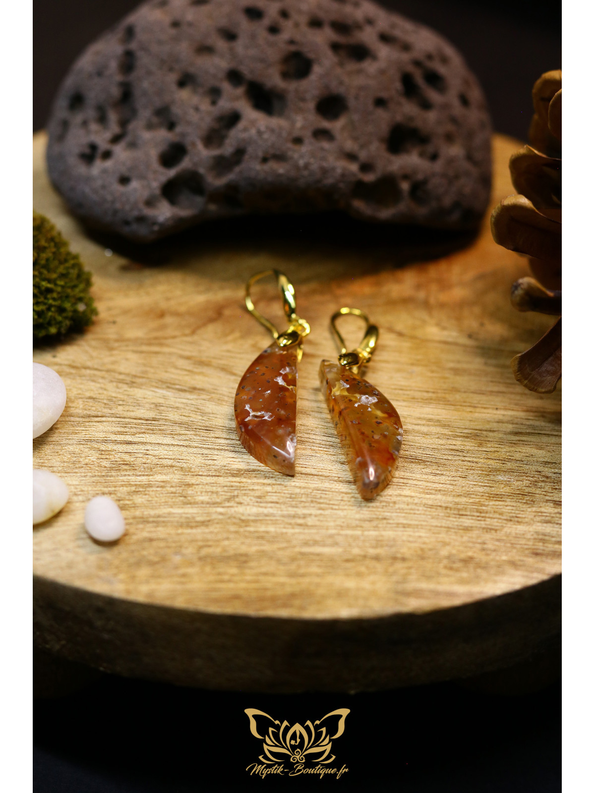 Boucles d'oreilles artisanales larmes en calcédoine chrysocolle et cuivre natif - Accroches en laiton plaqué or 18K