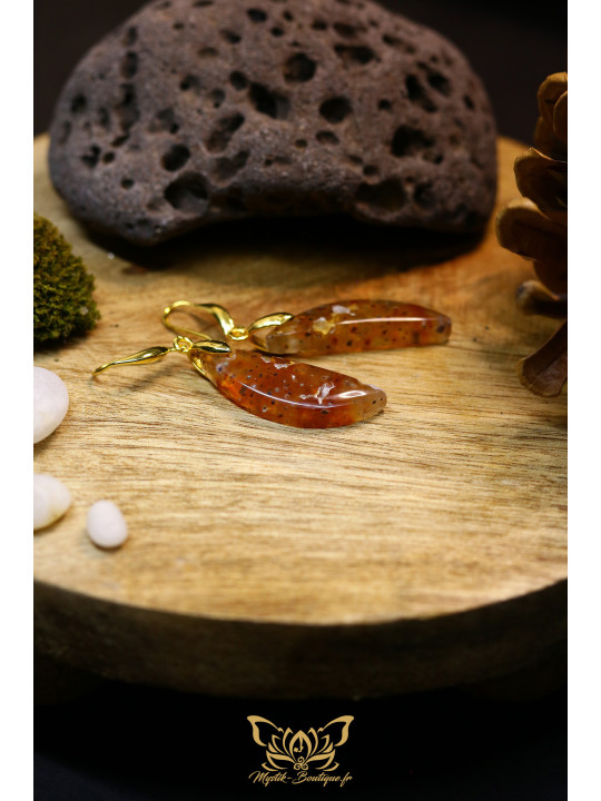Boucles d'oreilles artisanales larmes en calcédoine chrysocolle et cuivre natif - Accroches en laiton plaqué or 18K