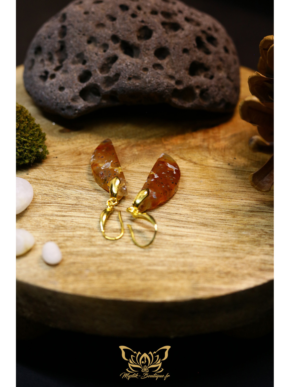 Boucles d'oreilles artisanales larmes en calcédoine chrysocolle et cuivre natif - Accroches en laiton plaqué or 18K