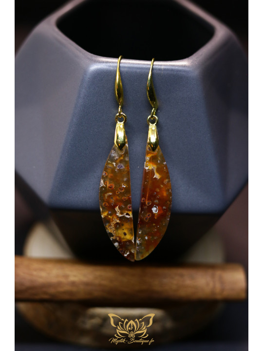 Boucles d'oreilles artisanales larmes en calcédoine chrysocolle et cuivre natif - Accroches en laiton plaqué or 18K