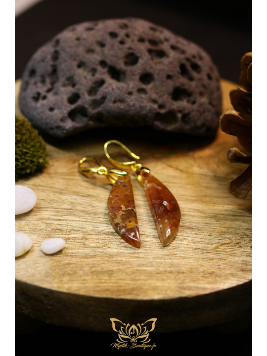 Boucles d'oreilles artisanales larmes en calcédoine chrysocolle et cuivre natif - Accroches en laiton plaqué or 18K