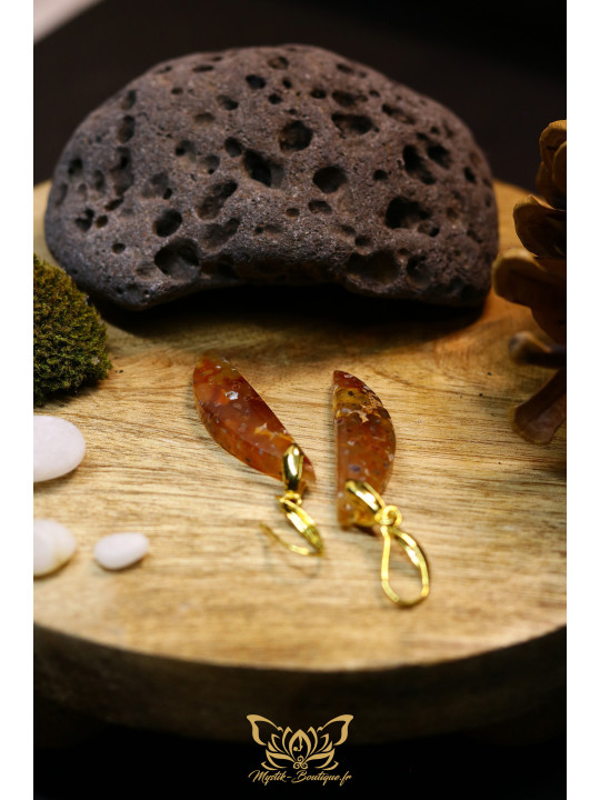 Boucles d'oreilles artisanales larmes en calcédoine chrysocolle et cuivre natif - Accroches en laiton plaqué or 18K