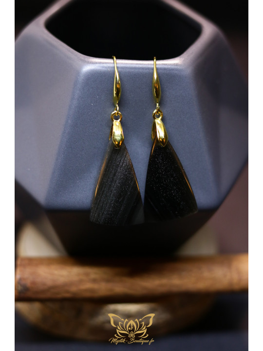 Boucles d'oreilles artisanales balances en obsidienne - Accroches en laiton plaqué or 18K