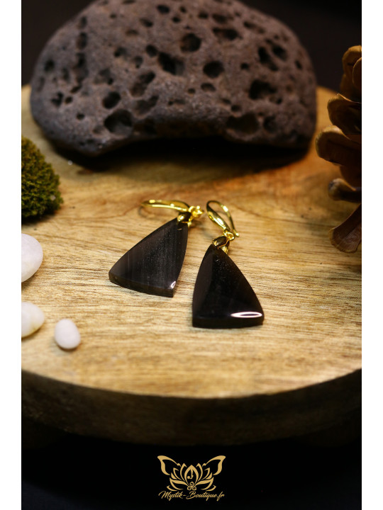 Boucles d'oreilles artisanales balances en obsidienne - Accroches en laiton plaqué or 18K