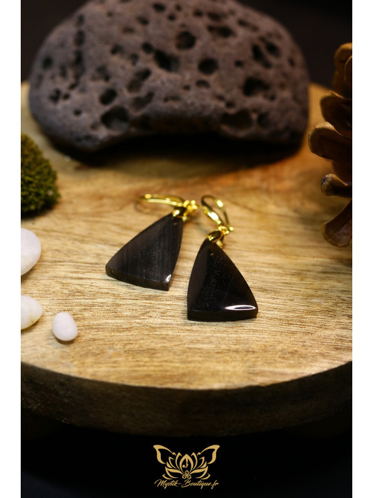 Boucles d'oreilles artisanales balances en obsidienne - Accroches en laiton plaqué or 18K