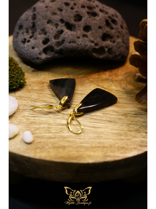 Boucles d'oreilles artisanales balances en obsidienne - Accroches en laiton plaqué or 18K