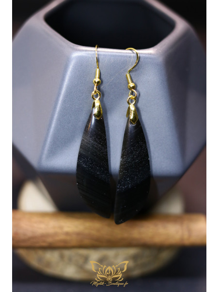 Boucles d'oreilles artisanales larmes en obsidienne - Accroches en laiton plaqué argent 925 puis dorées