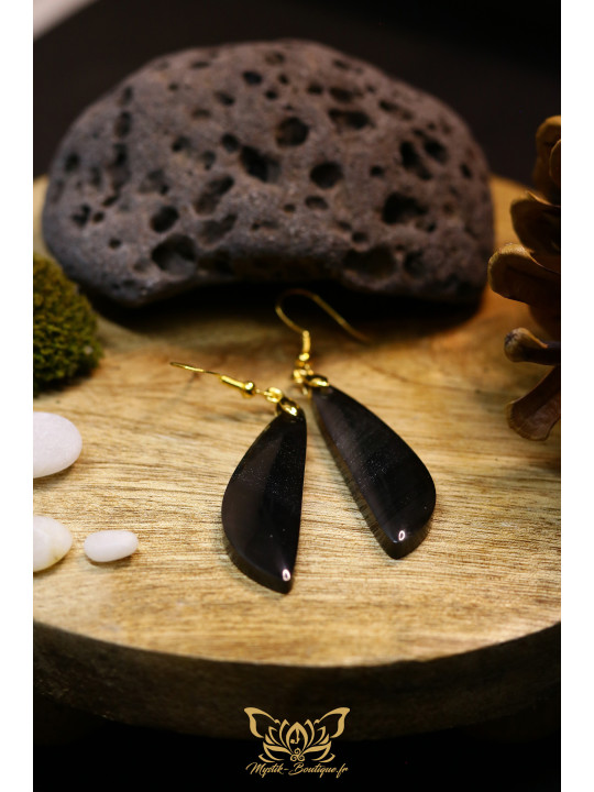 Boucles d'oreilles artisanales larmes en obsidienne - Accroches en laiton plaqué argent 925 puis dorées