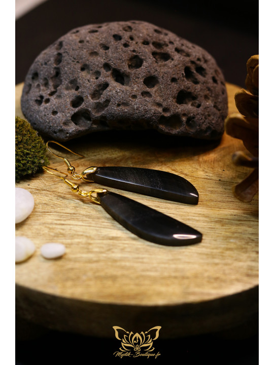 Boucles d'oreilles artisanales larmes en obsidienne - Accroches en laiton plaqué argent 925 puis dorées