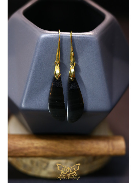 Boucles d'oreilles artisanales larmes en obsidienne - Accroches en laiton plaqué or 18K