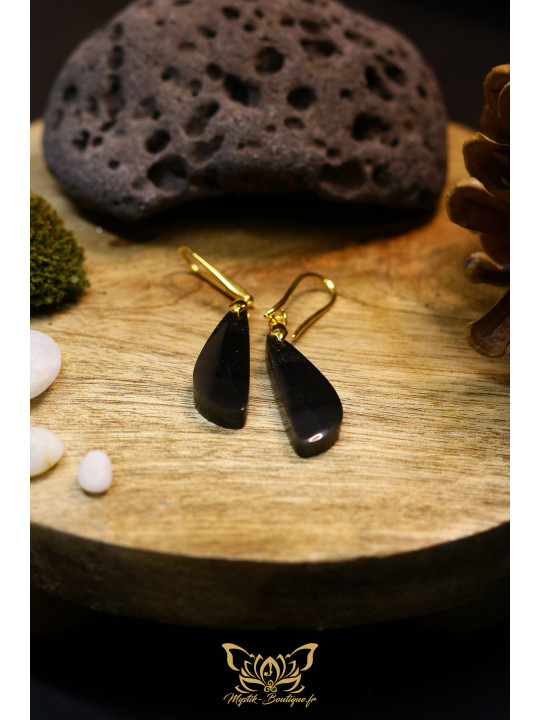 Boucles d'oreilles artisanales larmes en obsidienne - Accroches en laiton plaqué or 18K