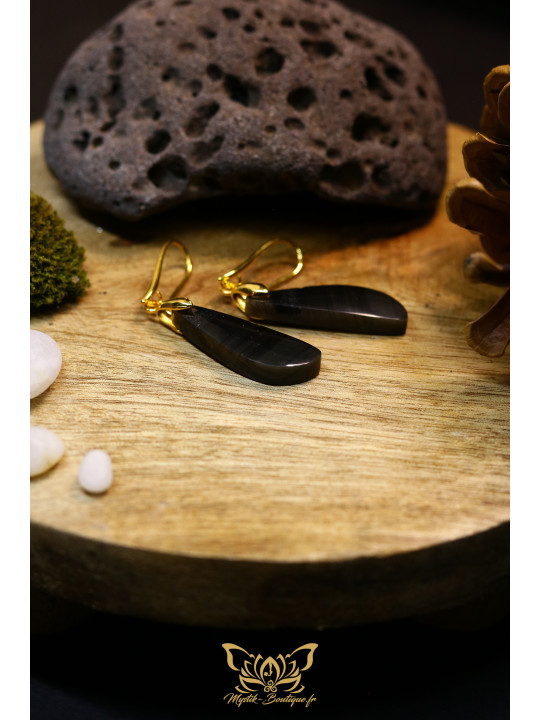 Boucles d'oreilles artisanales larmes en obsidienne - Accroches en laiton plaqué or 18K