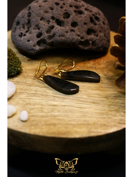 Boucles d'oreilles artisanales larmes en obsidienne - Accroches en laiton plaqué or 18K