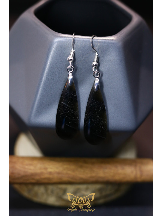 Boucles d'oreilles artisanales gouttes en obsidienne - Accroches en laiton plaqué argent 925