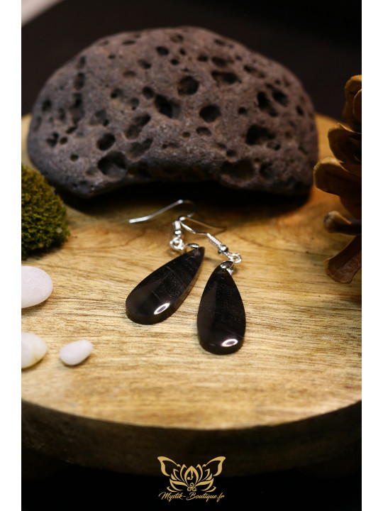 Boucles d'oreilles artisanales gouttes en obsidienne - Accroches en laiton plaqué argent 925