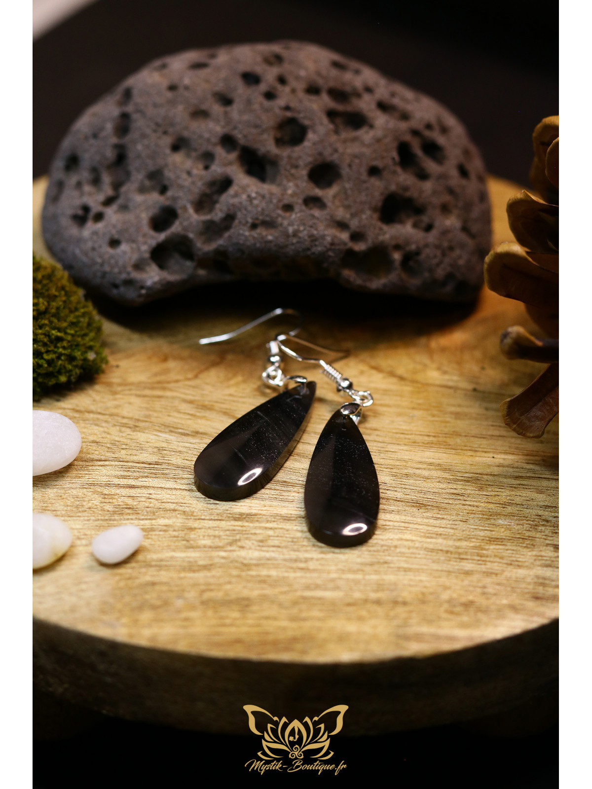 Boucles d'oreilles artisanales gouttes en obsidienne - Accroches en laiton plaqué argent 925