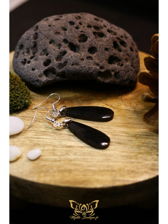 Boucles d'oreilles artisanales gouttes en obsidienne - Accroches en laiton plaqué argent 925