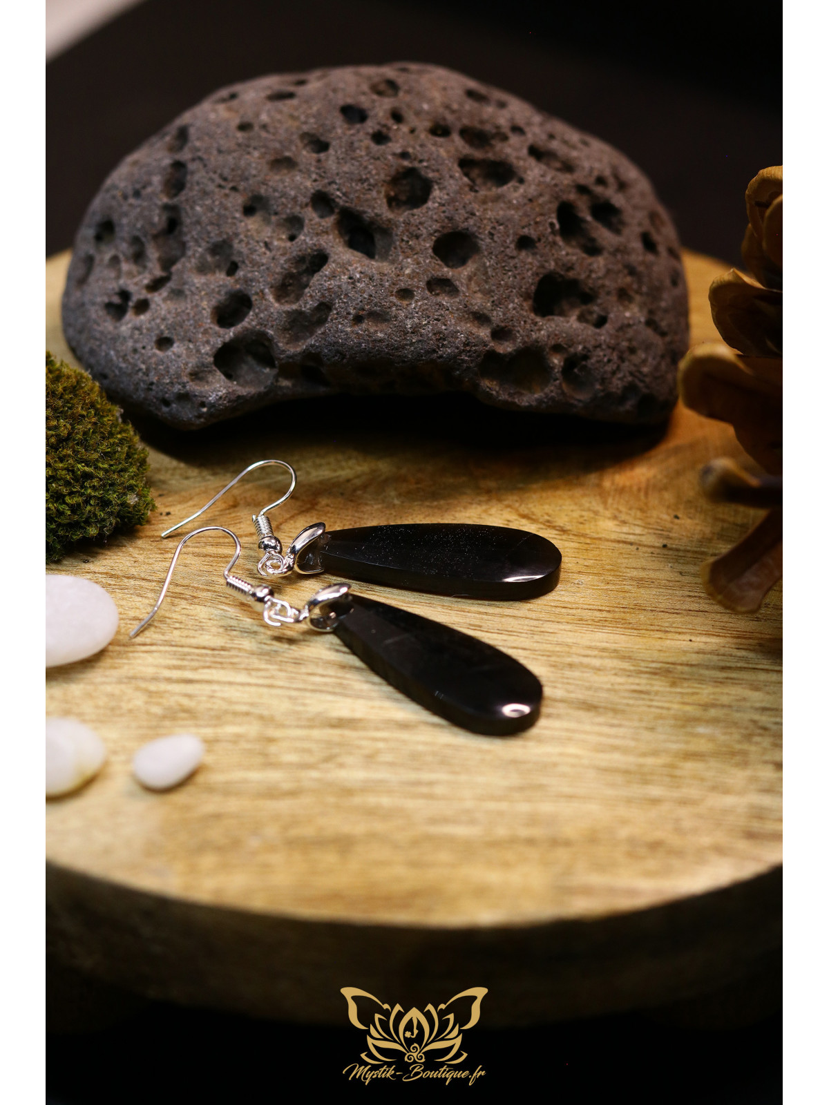 Boucles d'oreilles artisanales gouttes en obsidienne - Accroches en laiton plaqué argent 925