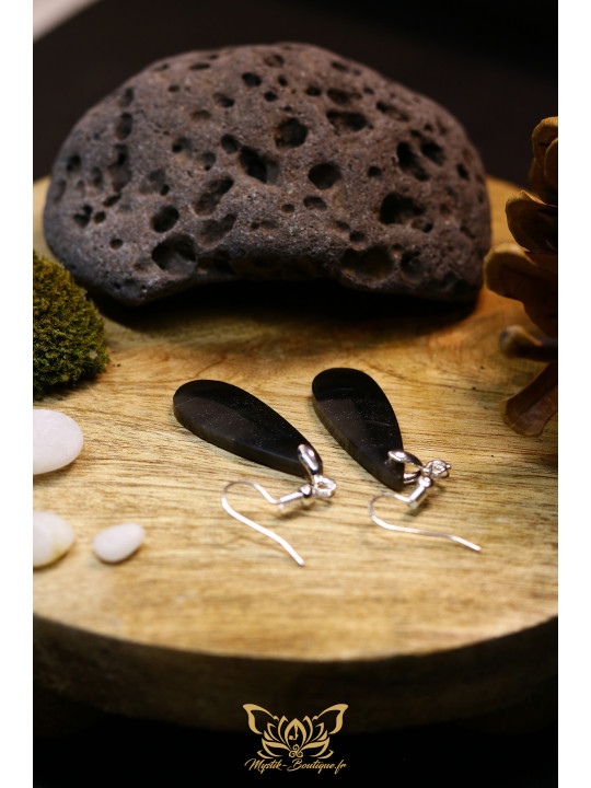 Boucles d'oreilles artisanales gouttes en obsidienne - Accroches en laiton plaqué argent 925