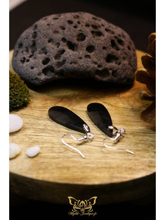 Boucles d'oreilles artisanales gouttes en obsidienne - Accroches en laiton plaqué argent 925