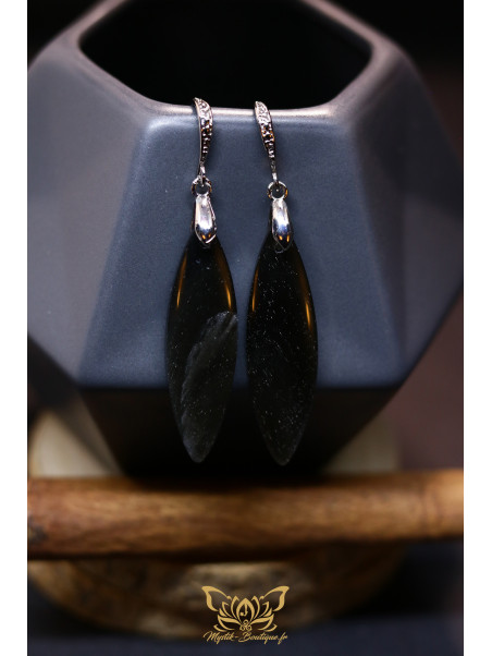 Boucles d'oreilles artisanales marquises en obsidienne - Accroches en laiton plaqué platine