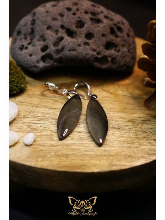 Boucles d'oreilles artisanales marquises en obsidienne - Accroches en laiton plaqué platine