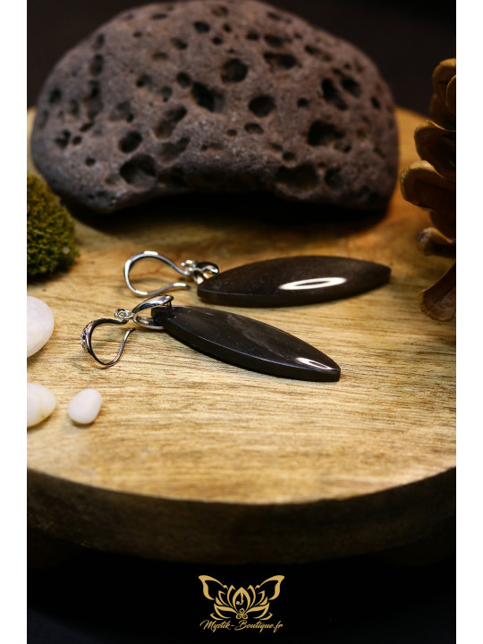 Boucles d'oreilles artisanales marquises en obsidienne - Accroches en laiton plaqué platine