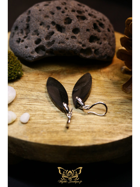 Boucles d'oreilles artisanales marquises en obsidienne - Accroches en laiton plaqué platine