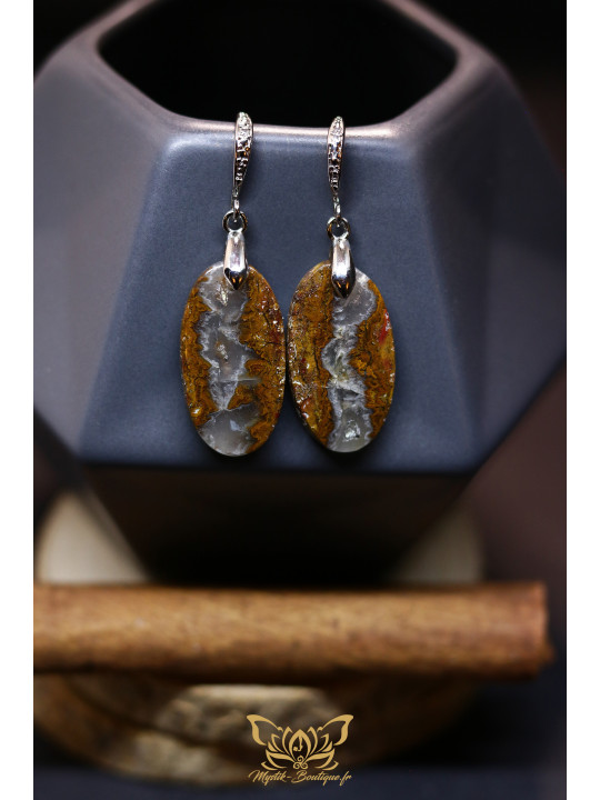 Boucles d'oreilles artisanales ovales en agate Seam (Agate de couture) - Accroches en laiton plaqué platine