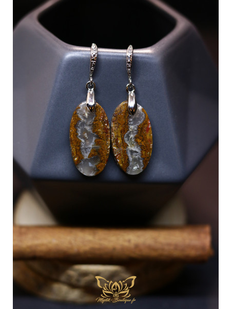 Boucles d'oreilles artisanales ovales en agate Seam (Agate de couture) - Accroches en laiton plaqué platine