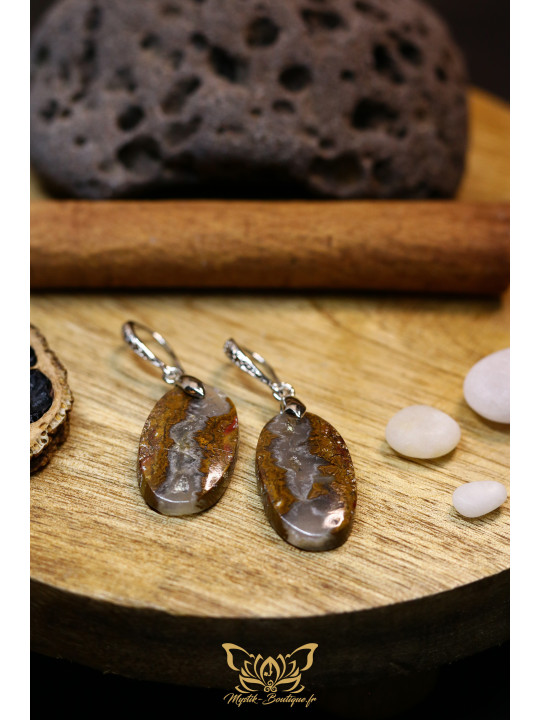 Boucles d'oreilles artisanales ovales en agate Seam (Agate de couture) - Accroches en laiton plaqué platine