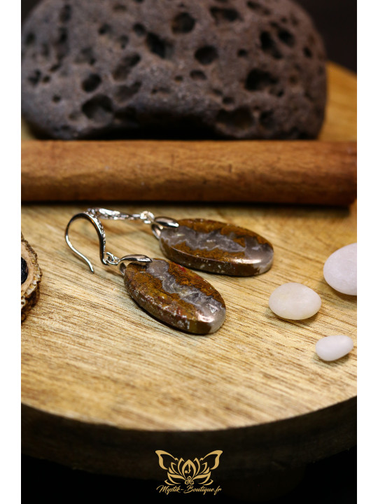 Boucles d'oreilles artisanales ovales en agate Seam (Agate de couture) - Accroches en laiton plaqué platine