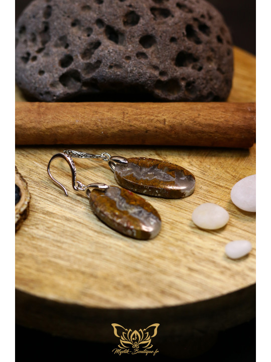 Boucles d'oreilles artisanales ovales en agate Seam (Agate de couture) - Accroches en laiton plaqué platine