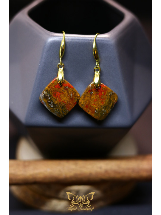 Boucles d'oreilles artisanales coussin en agate Seam (Agate de couture) - Accroches en laiton plaqué or 18k