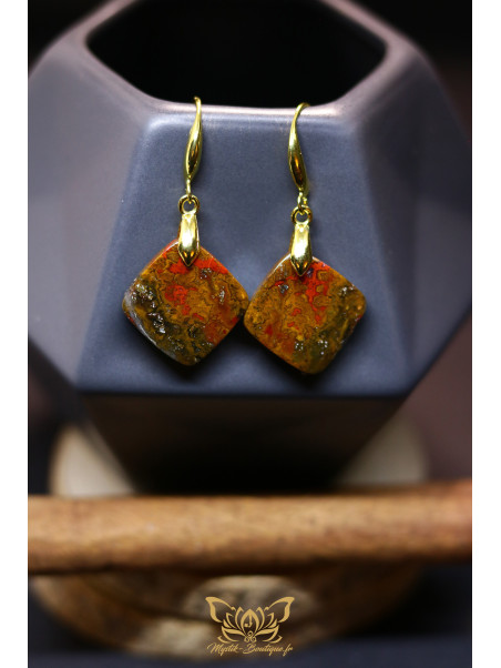 Boucles d'oreilles artisanales coussin en agate Seam (Agate de couture) - Accroches en laiton plaqué or 18k