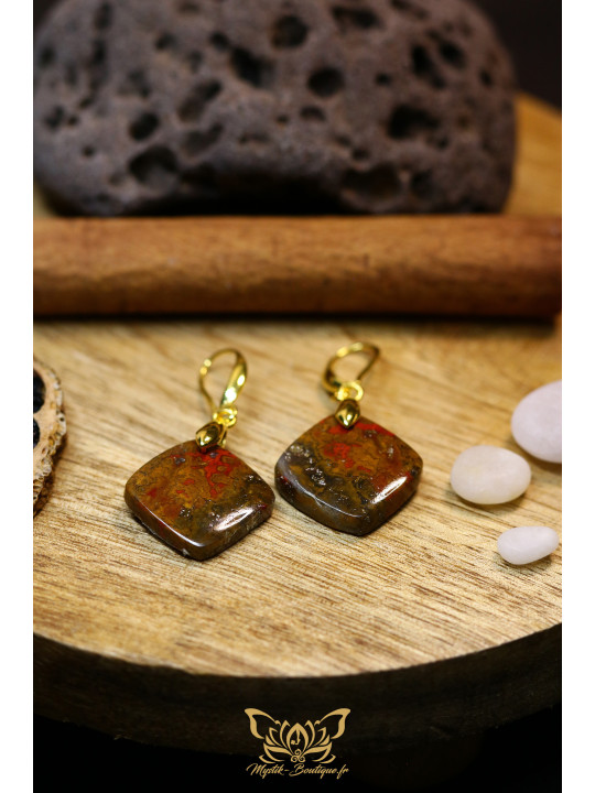 Boucles d'oreilles artisanales coussin en agate Seam (Agate de couture) - Accroches en laiton plaqué or 18k