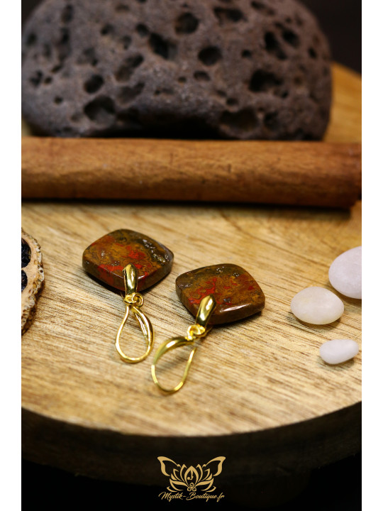 Boucles d'oreilles artisanales coussin en agate Seam (Agate de couture) - Accroches en laiton plaqué or 18k