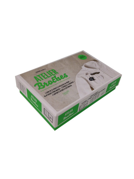 Coffret Atelier broches - 1 livre + 10 attaches + 2 épingles à nourrice + 4 supports en bois