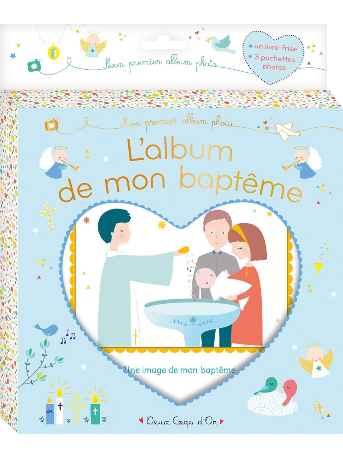 Mon premier album photo - L'album de mon baptême - Livre-frise tissu, 3 pochettes photos